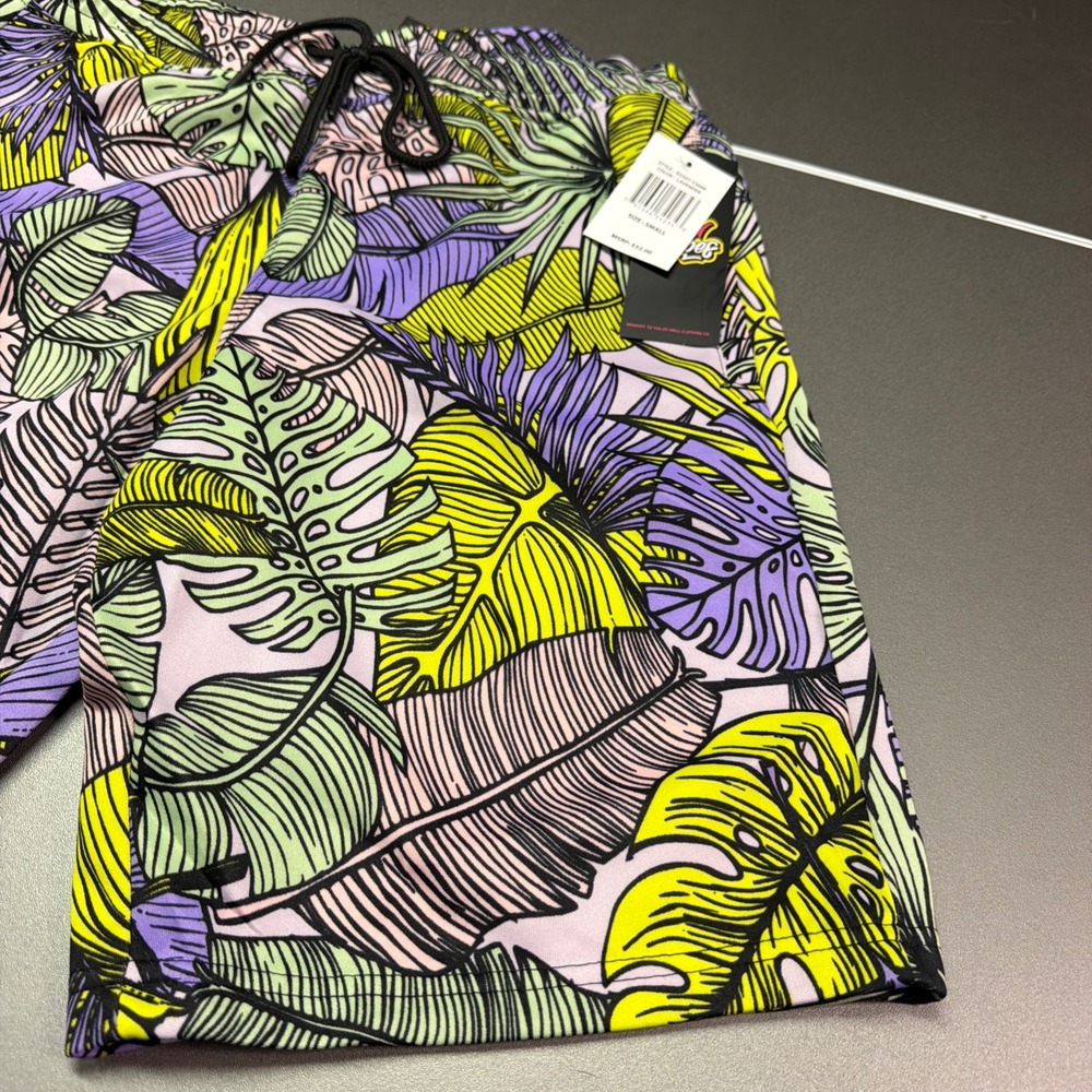 Good Vibes Drill Clothing Co Small Tropical Palm Leaf Shorts Lavender/Green NWT - Picture 2 of 6